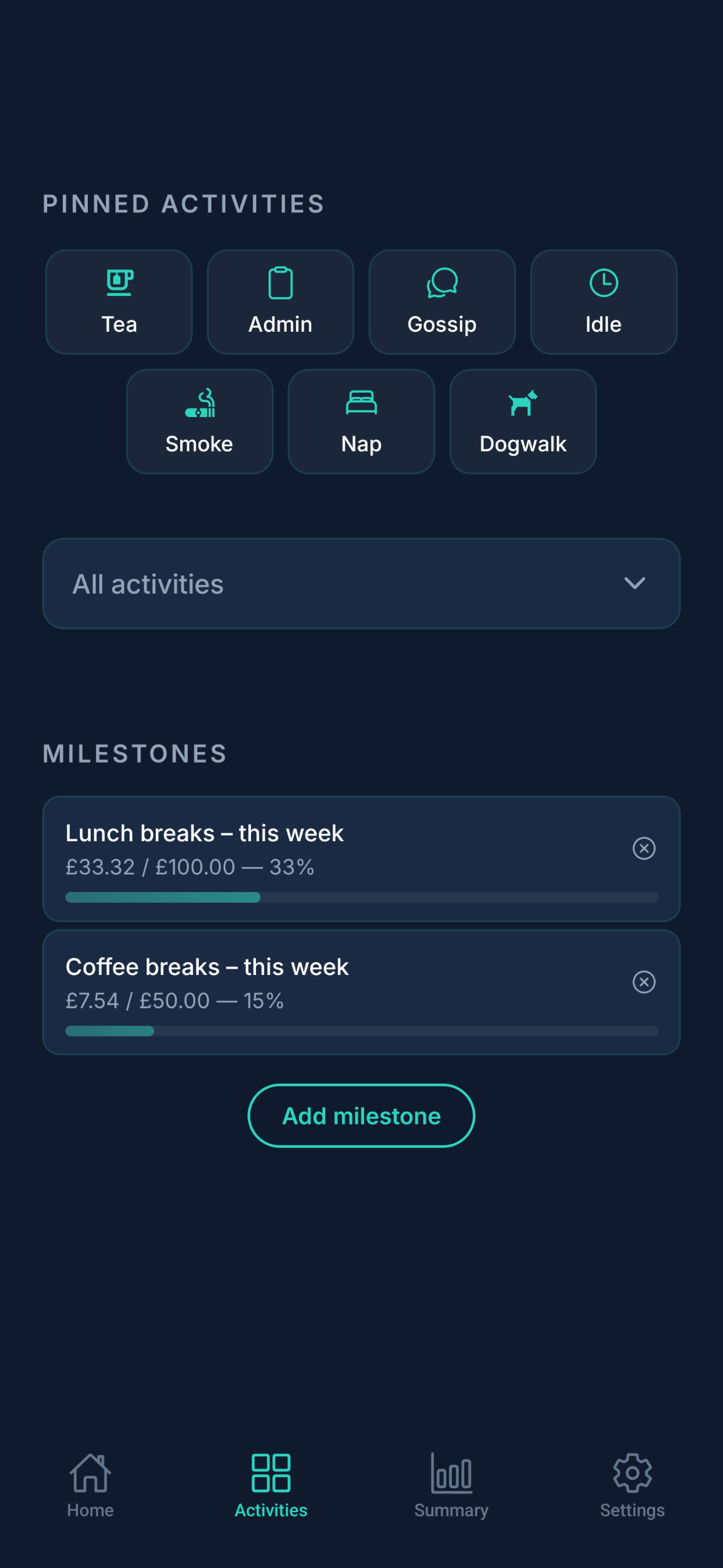 Activities screen showing pinned activities including Tea, Admin, Gossip, Idle, Smoke, Nap and Dogwalk, plus weekly milestones for Lunch and Coffee breaks